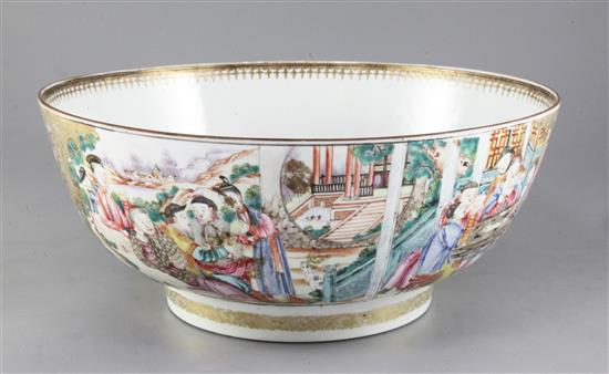 A Chinese famille rose mandarin pattern punch bowl, Qianlong period, diameter 38.5cm, cracked and rivetted